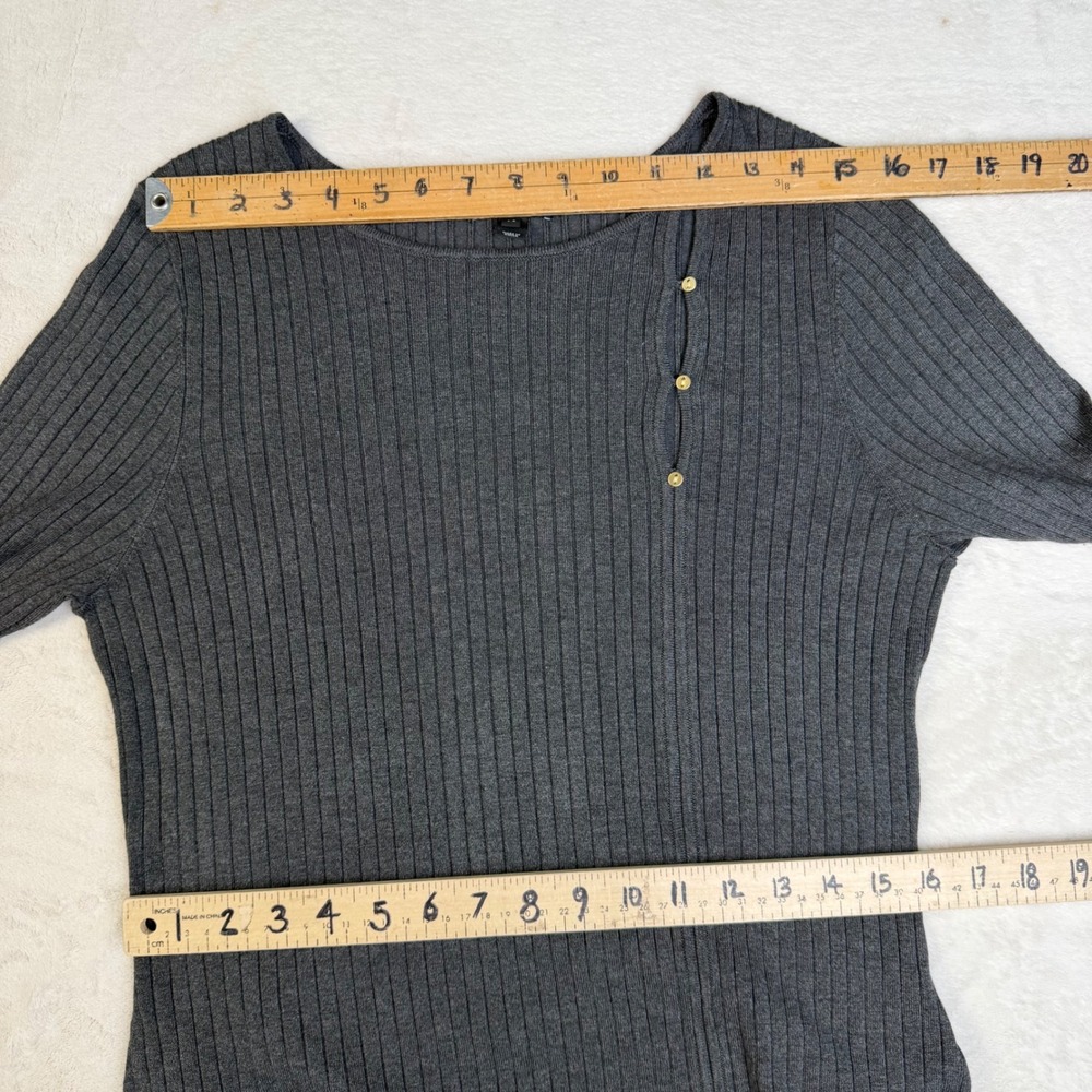 RW & CO Ribbed Knit Grey Sweater Dress Viscose Blend Button Cutout Minimalist L